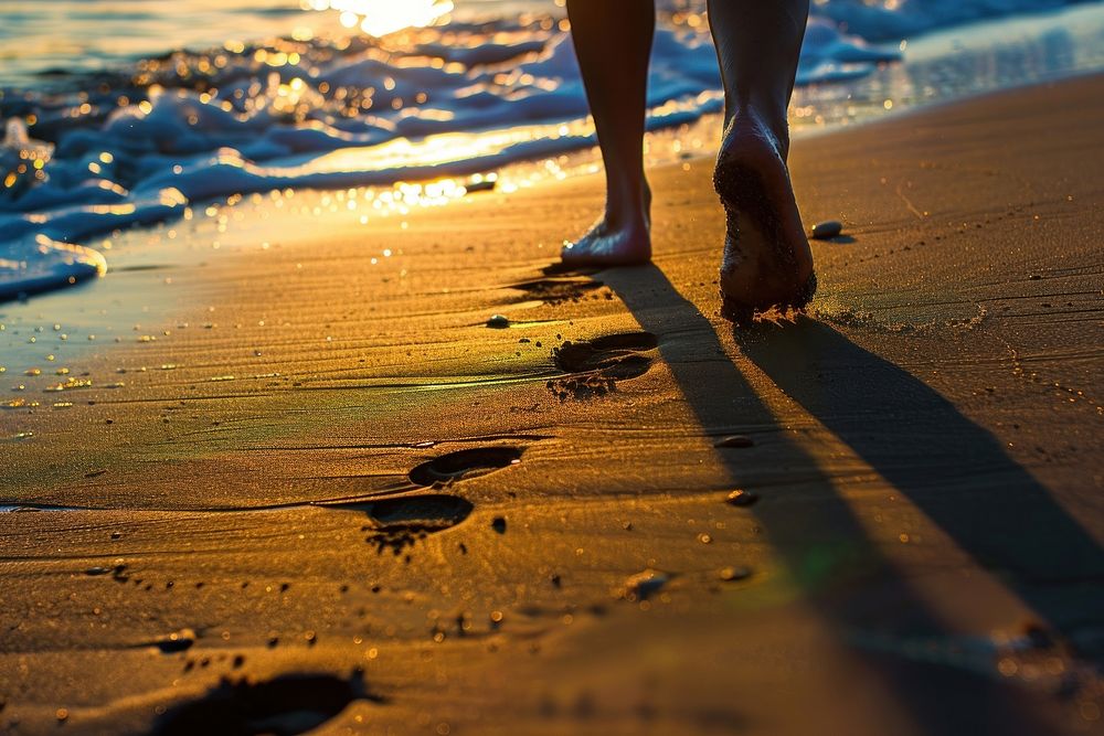 Walking along the beach during sunset walking shoreline footprint.