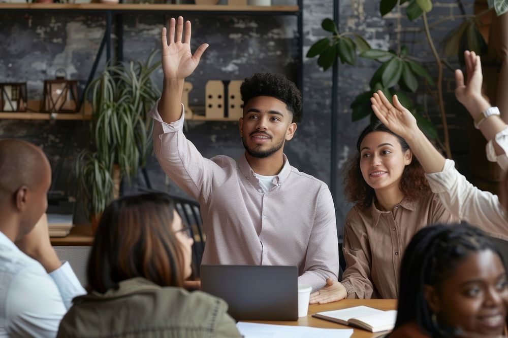 Ambitious male employee raise hand ask question man conversation electronics.