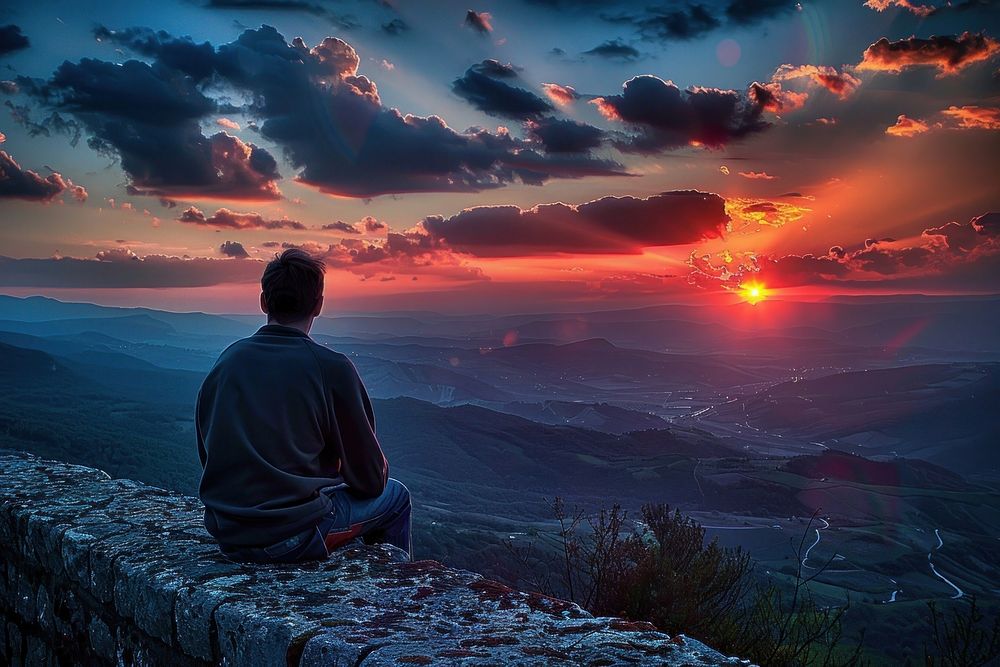 Back view of man sitting on a wall sunset photo photography.
