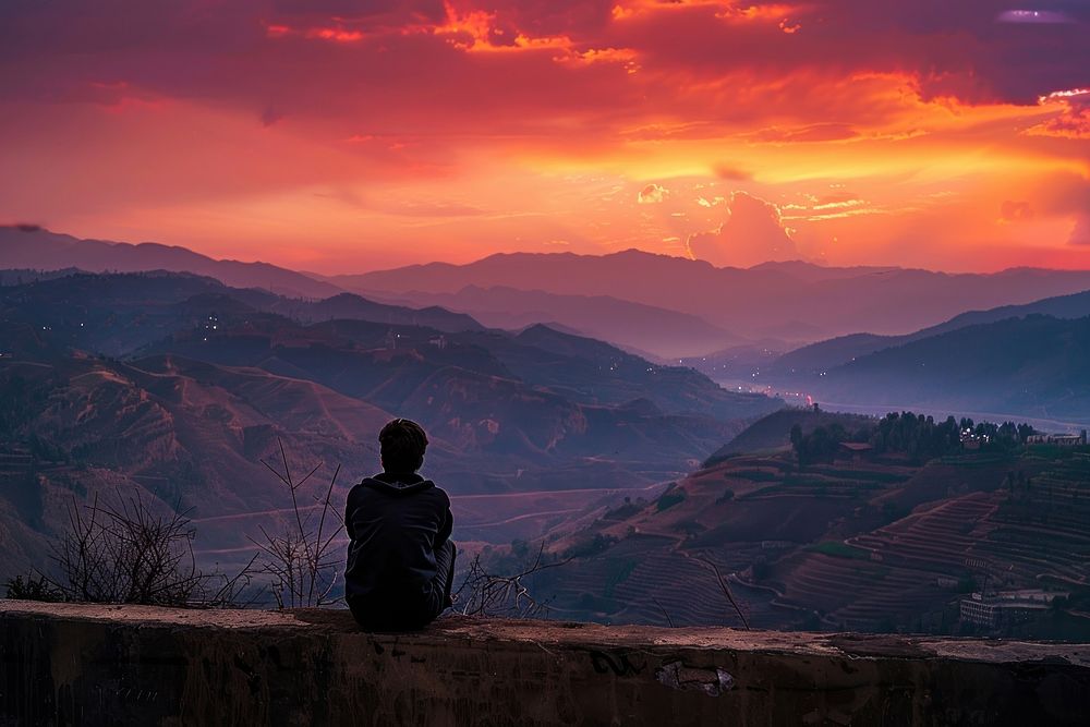 Back view of man sitting on a wall backpacking outdoors scenery.