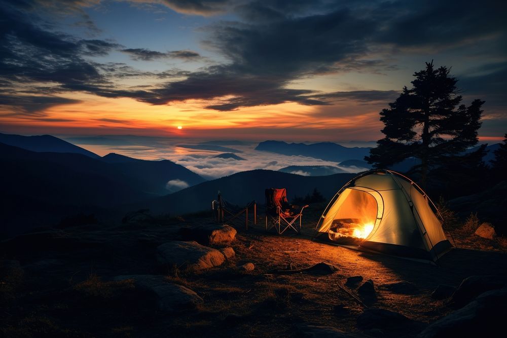 Camper in the mountains tent outdoors camping.