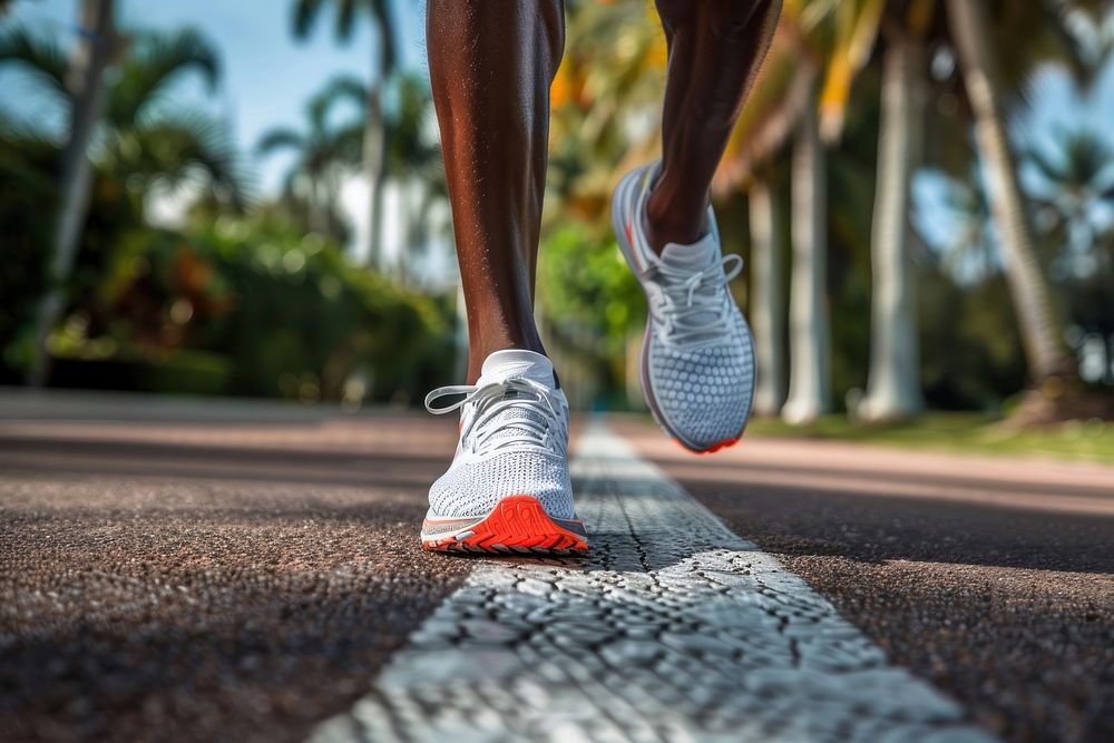 Close up view of runner sport shoes clothing footwear apparel.