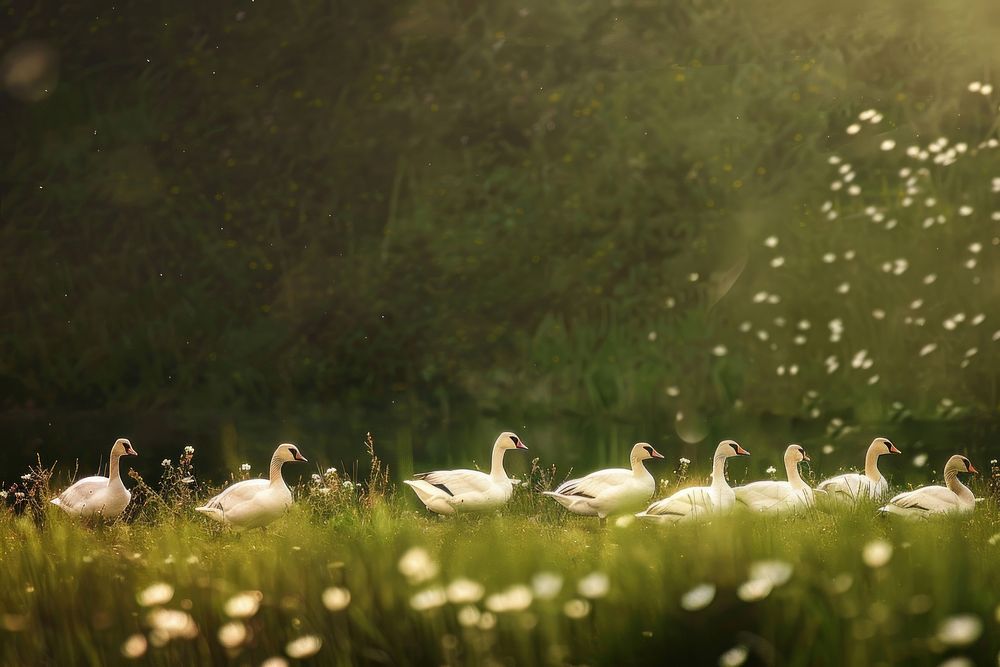 Flock of geese on a green meadow flock vegetation grassland.
