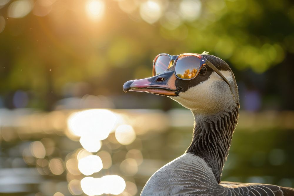 Photo of goose wear sunglasses waterfowl animal bird.