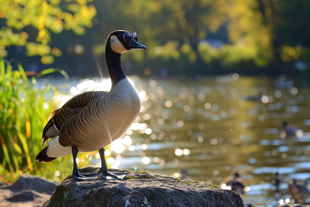 Photo of goose wear sunglasses waterfowl animal person.