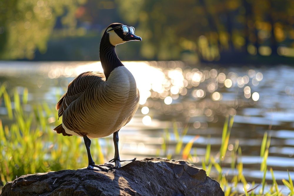 Photo of goose wear sunglasses waterfowl animal bird.