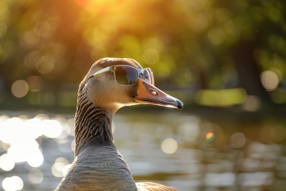 Photo of goose wear sunglasses medication waterfowl animal.