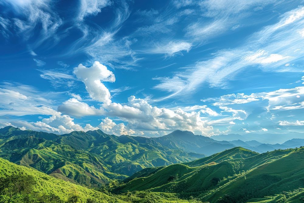 Green mountains and beautiful sky cloud vegetation landscape.