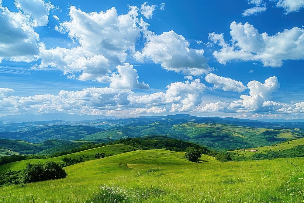 Green mountains and beautiful sky countryside landscape grassland.