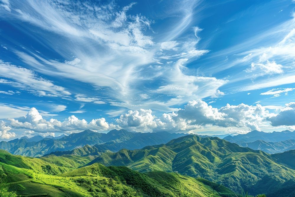Green mountains and beautiful sky cloud landscape panoramic.