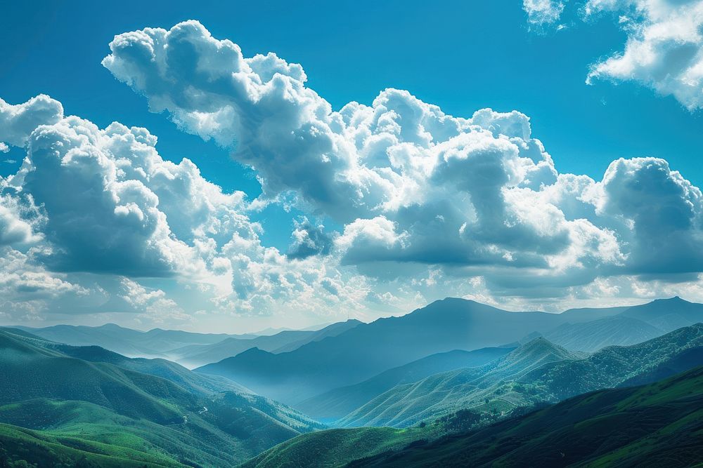 Green mountains and beautiful sky cloud landscape outdoors.
