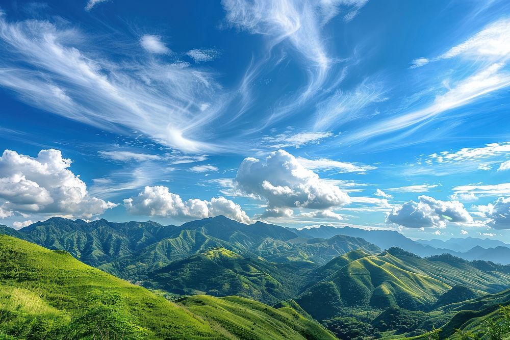 Green mountains and beautiful sky cloud countryside landscape.