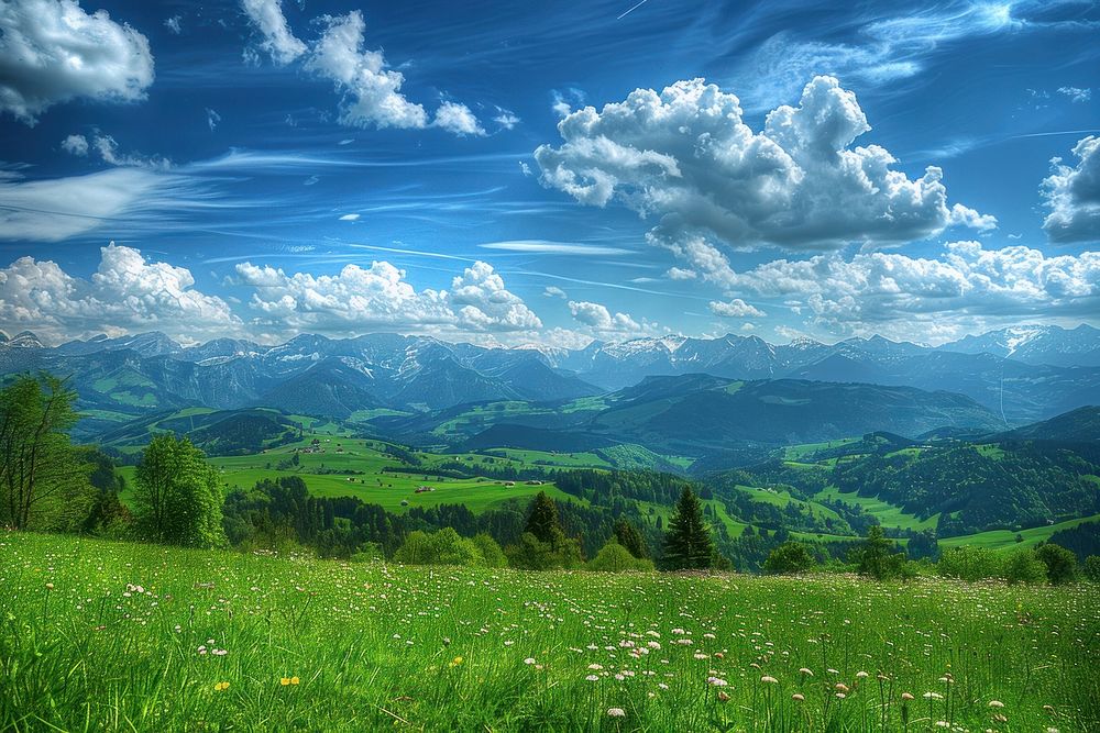 Green mountains and beautiful sky cloud countryside landscape.