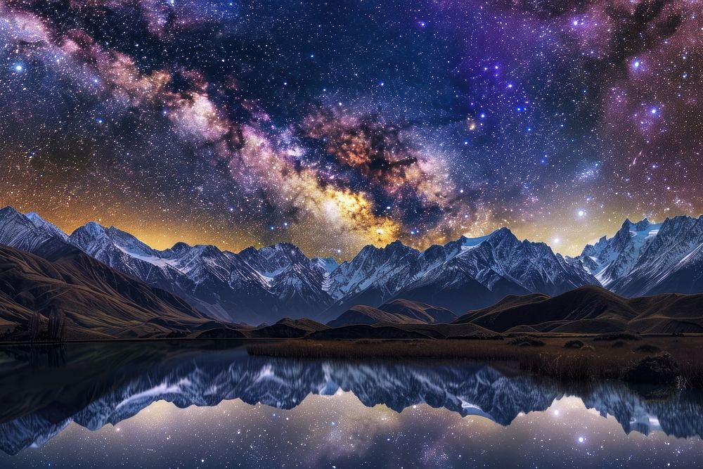 Milky Way over the mountain peaks landscape panoramic astronomy.