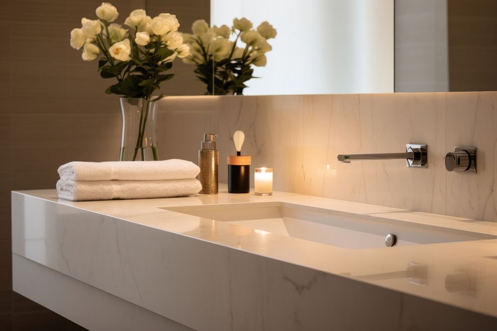 Bathroom interior in a luxury house cosmetics blossom bathing.