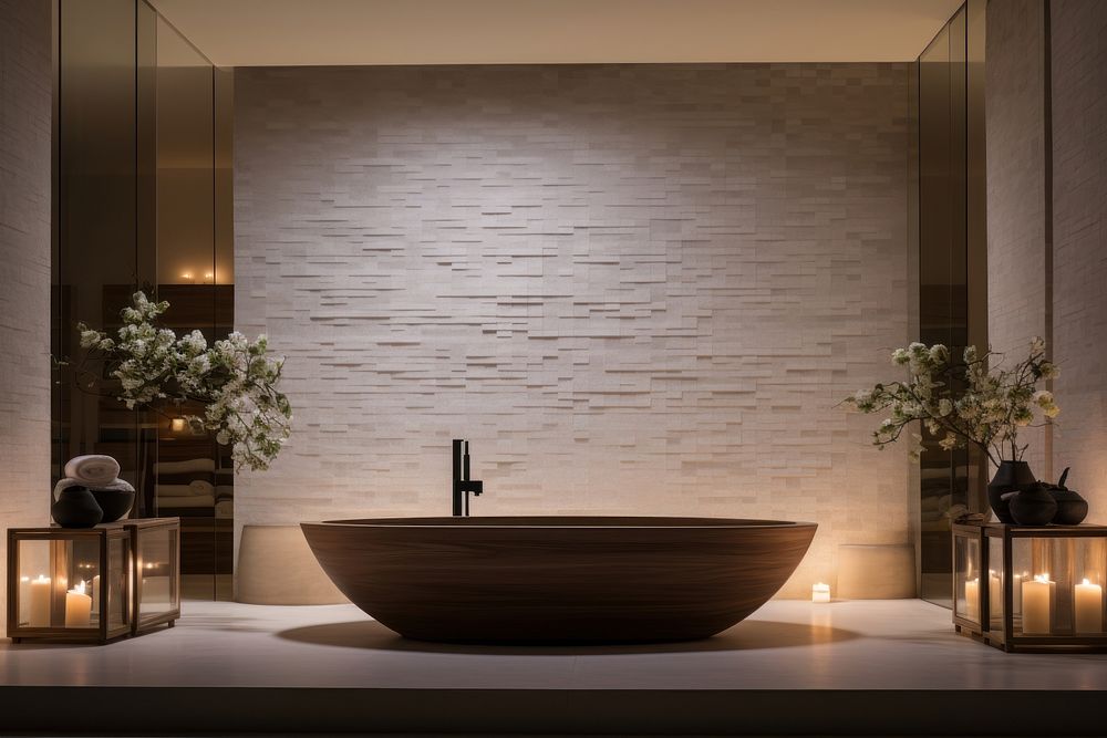 Bathroom interior in a luxury house indoors bathing bathtub.