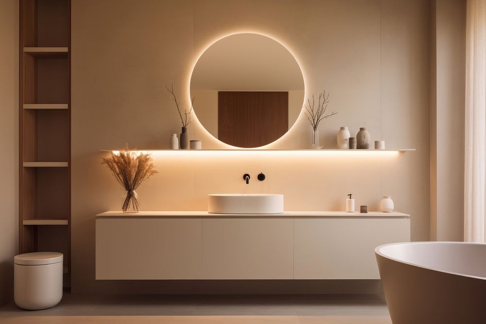 Bathroom interior in a luxury house indoors bathing bathtub.