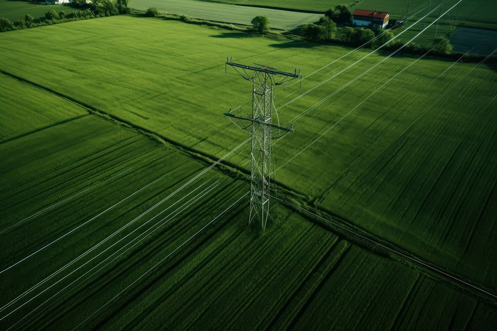 Power lines architecture countryside aerial view.
