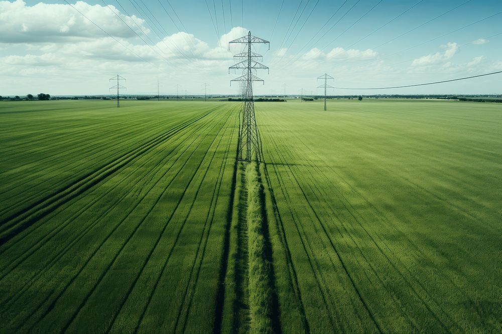 Power lines countryside aerial view outdoors.