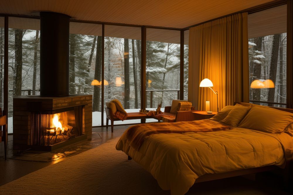 Bedrooms fireplace furniture indoors.