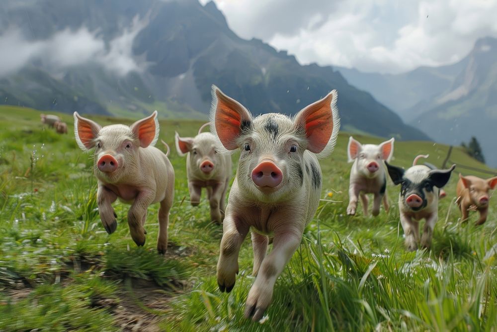 Pigs pig countryside grassland.