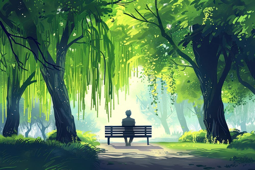 Man sitting on a bench green tree park.