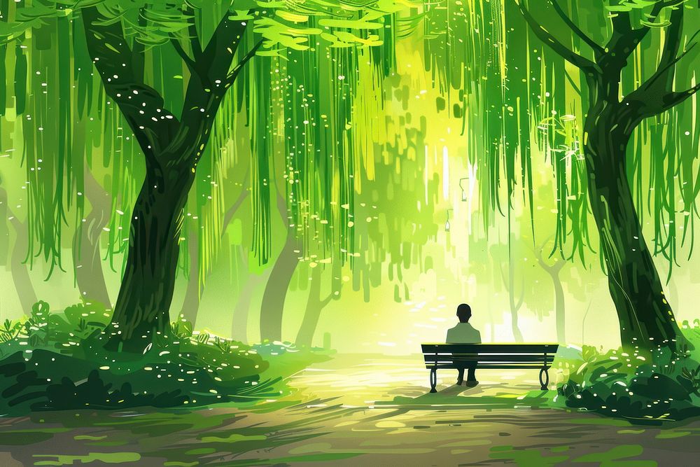 Man sitting on a bench green tree vegetation.
