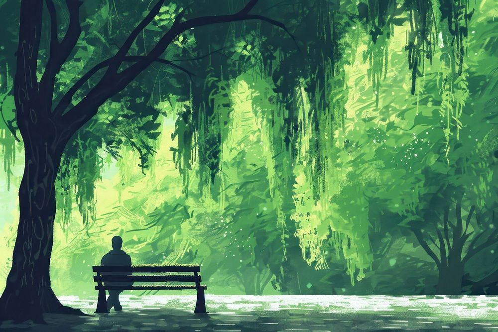 Man sitting on a bench green tree vegetation.