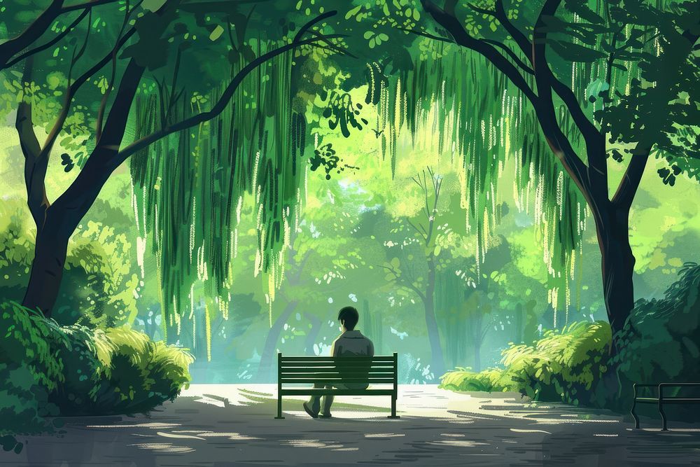 Man sitting on a bench green tree park.