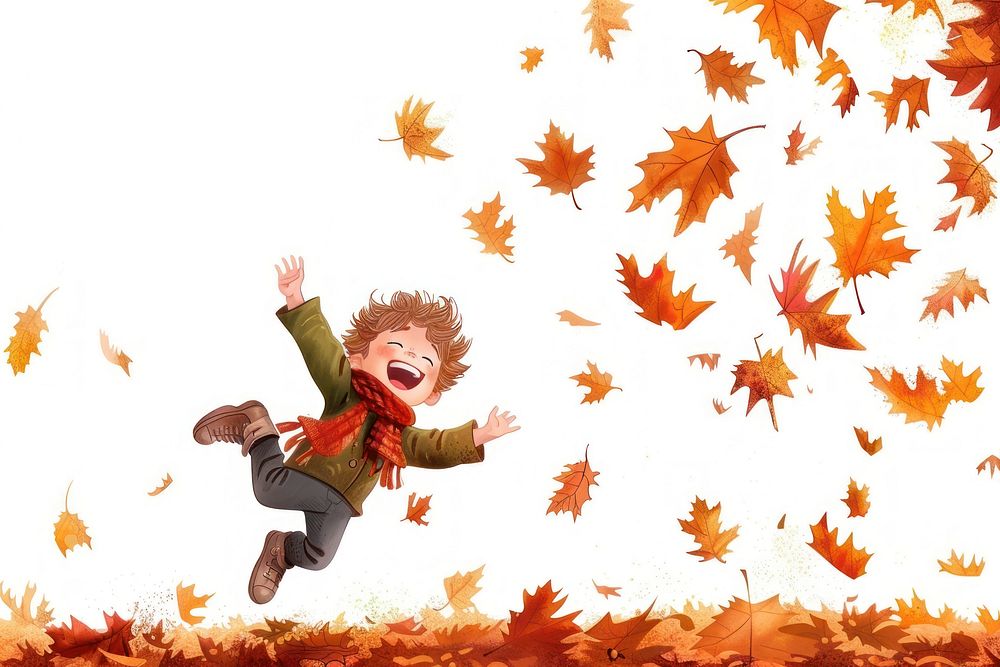 Boy jumping in fall leaf pile clothing footwear apparel.