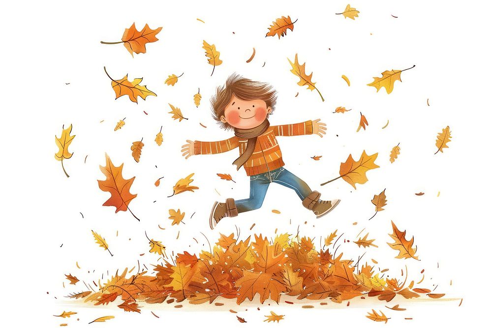 Boy jumping in fall leaf pile photography portrait person.