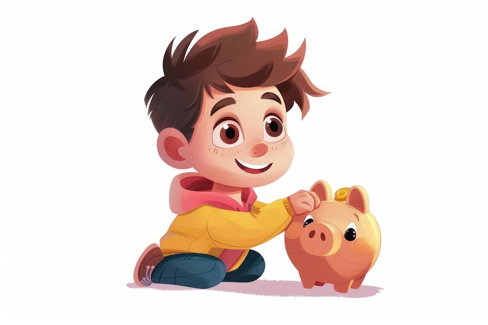 Boy puts money in piggy bank cartoon person human.