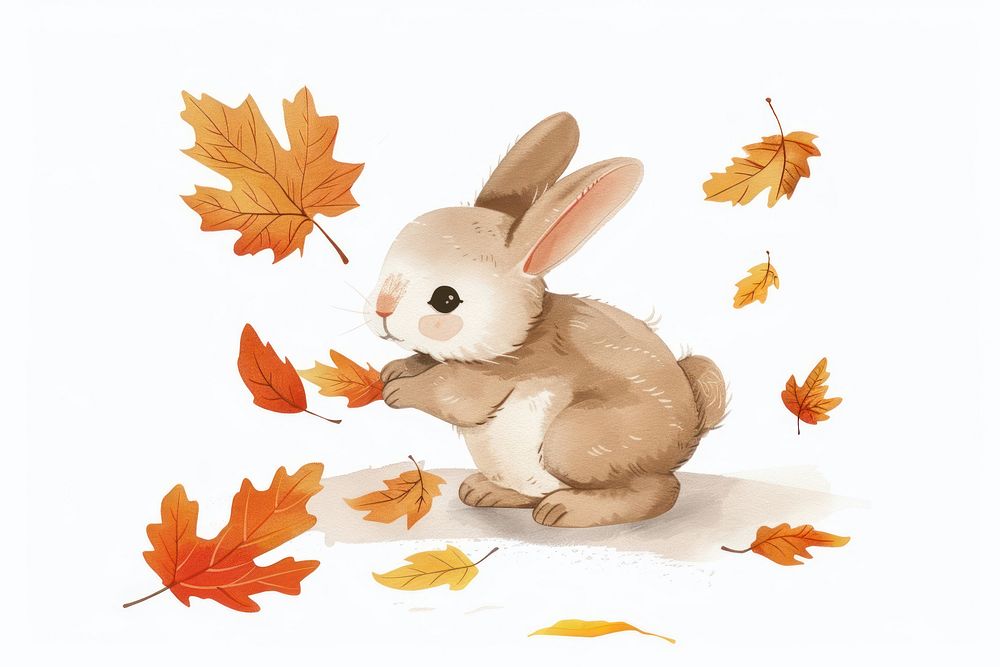 Bunny playing in fall leaf outdoors snowman animal.