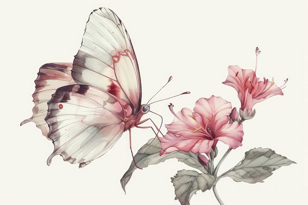 Butterfly with flower invertebrate illustrated drawing.