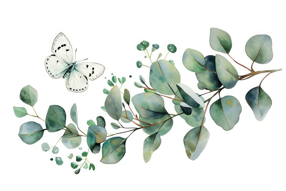 Eucalyptus with butterfly illustrated graphics drawing.