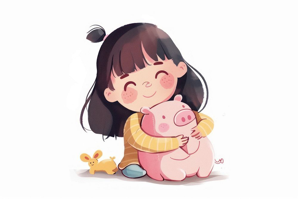 Girl hugging piggy bank and toy cartoon person human.