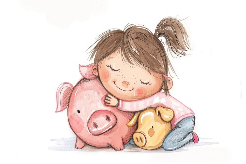Girl hugging piggy bank and toy person human baby.