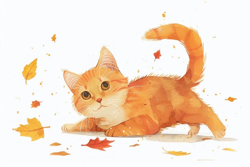 Orange cat playing in fall leaf animal mammal kitten.