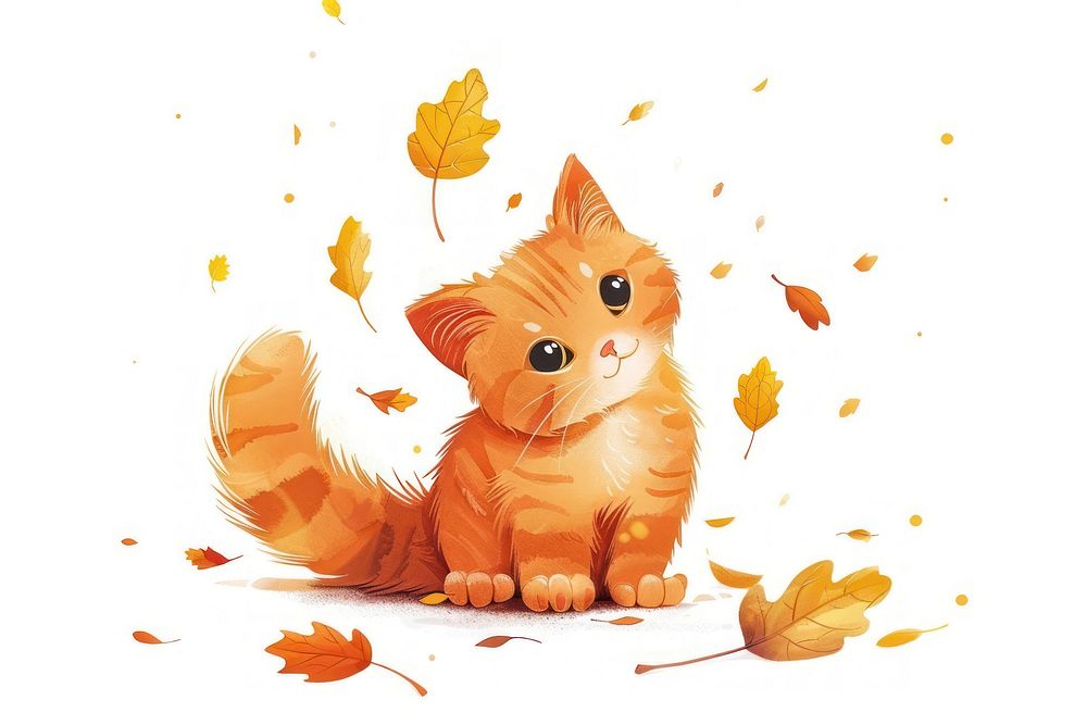 Orange cat playing in fall leaf outdoors snowman animal.