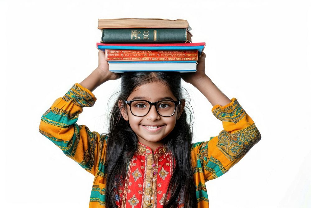 Indian children girl glasses head book.