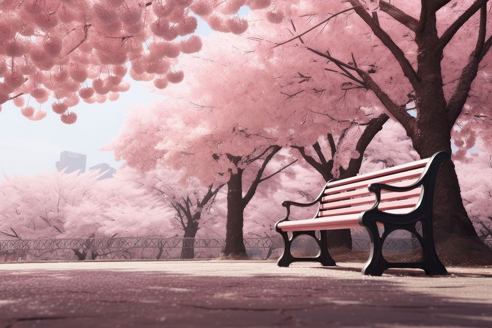 Sakura park furniture sitting blossom.