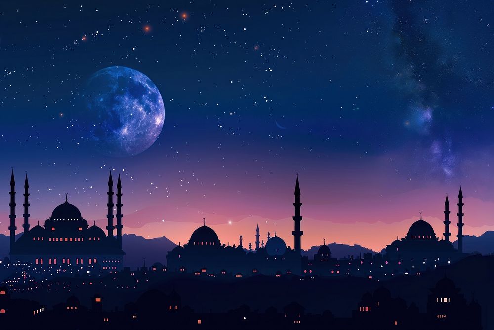 Ramadan illustration mosque night moon.