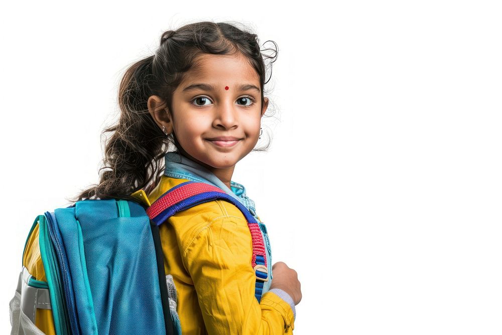 Primary school girl backpack portrait smile.
