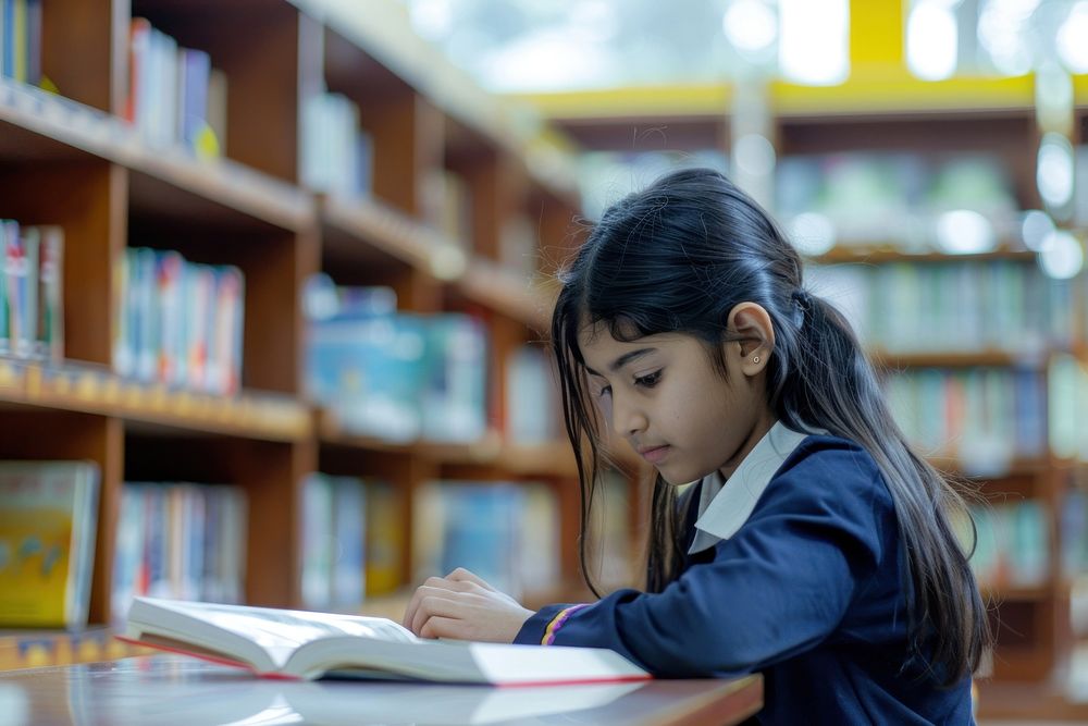 South asian student reading library publication indoors.