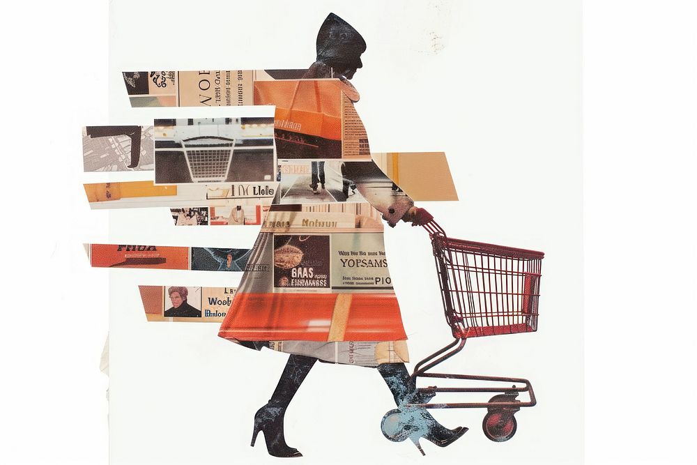 Shopping shape collage cutouts person human shopping cart.
