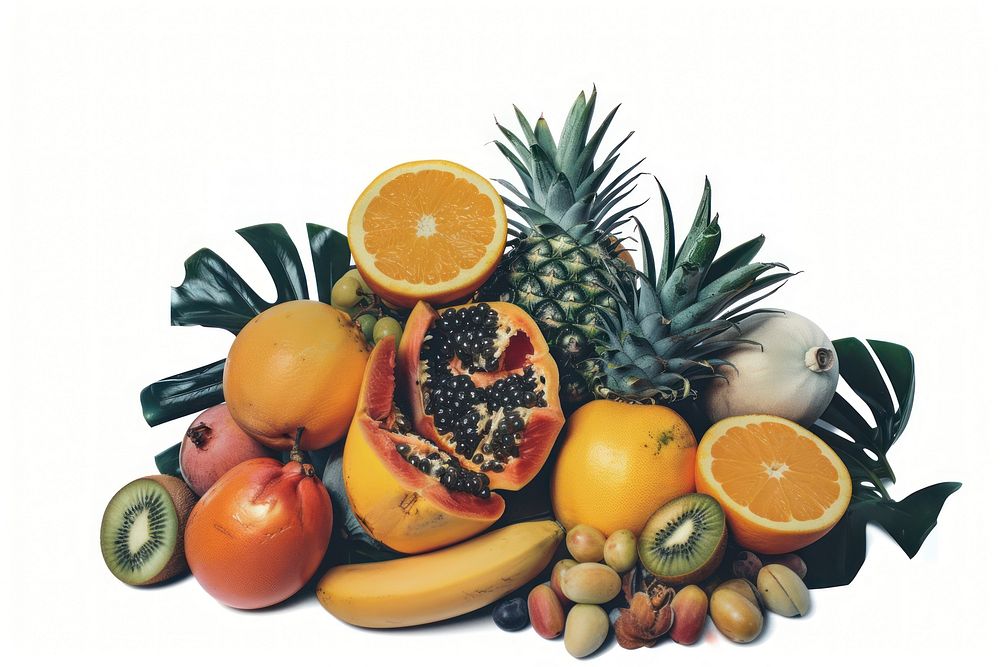 Tropical fruits collage cutouts grapefruit pineapple produce.
