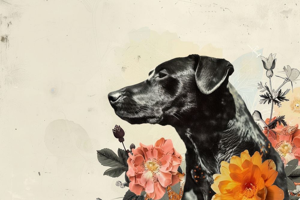 Paper collage of dog flower graphics painting.