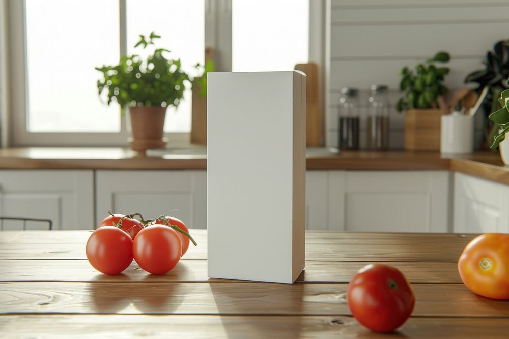Box juice packaging mockup vegetable kitchen tomato.