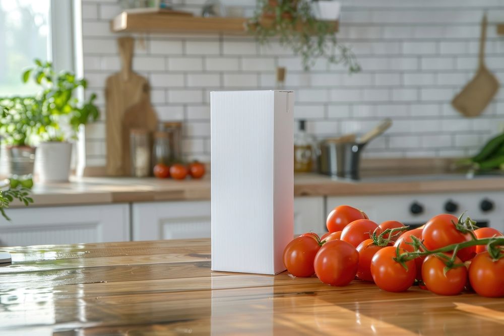 Box juice packaging mockup kitchen food indoors.