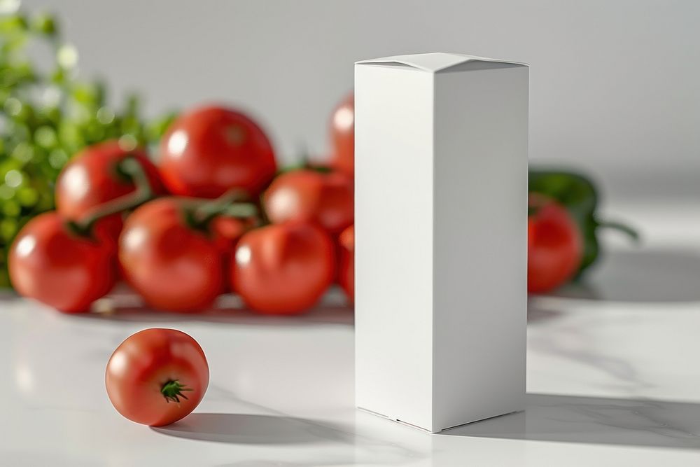 Box juice packaging mockup vegetable tomato food.